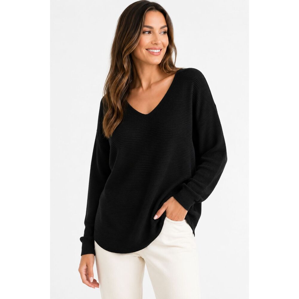 Ella Moss Black Women's Lo G Sleeve Rib Knit V-neck Top Medium